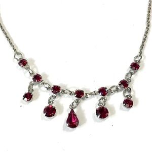 Claire’s Red Rhinestone Necklace Drop Style Fashion Jewelry Silver Tone Chain